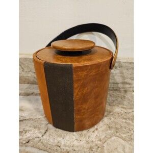 Vintage Mid Century Modern Ice Bucket Vinyl Leather Pattern Art Deco Brown Elmar